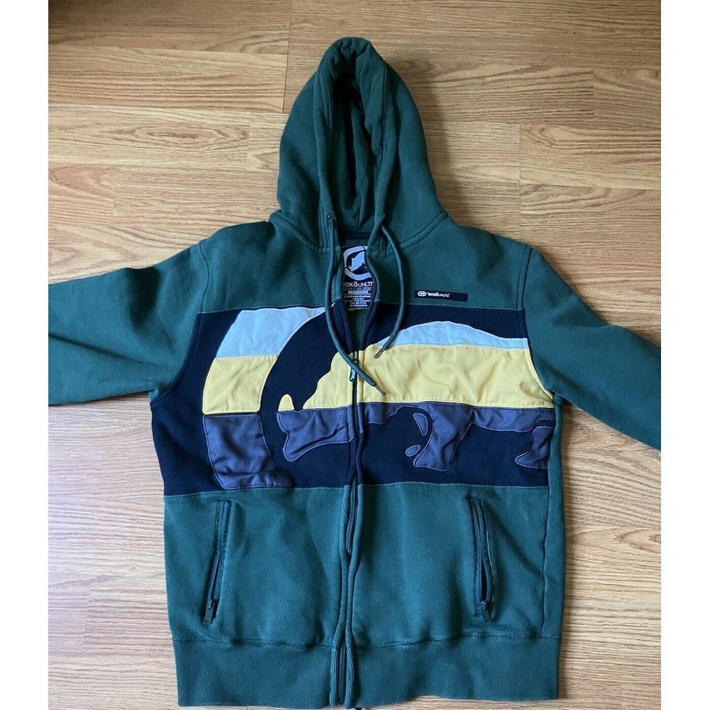 y2k Ecko Unltd. Zip Hoodie Jacket Rhino Men's Size M Green W/ Stripes